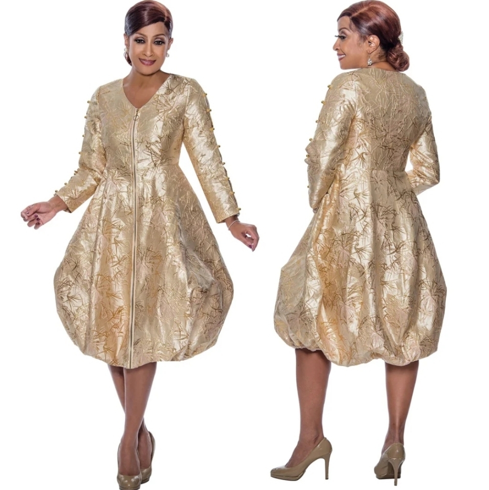 Nwot DOC Rose Collection Gold Brocade LS  Zip Front Balloon Cocktail Party Dress